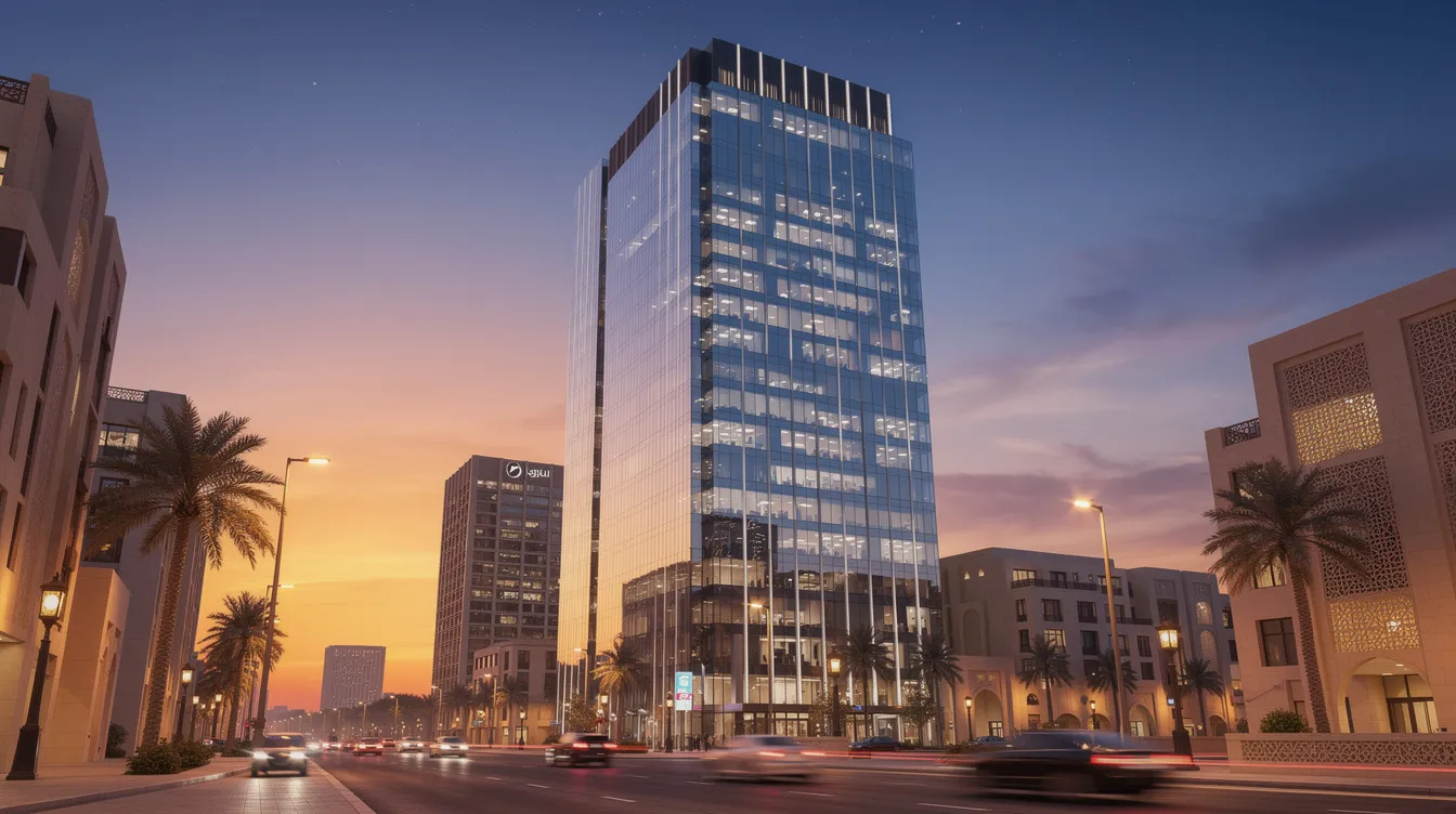 A sleek, modern glass building towers over a vibrant Middle Eastern cityscape at dusk, its reflective surfaces capturing the colorful hues of the sky. This architectural marvel exemplifies a powerful brand positioning strategy, showcasing the city's commitment to cutting-edge technology and innovation.