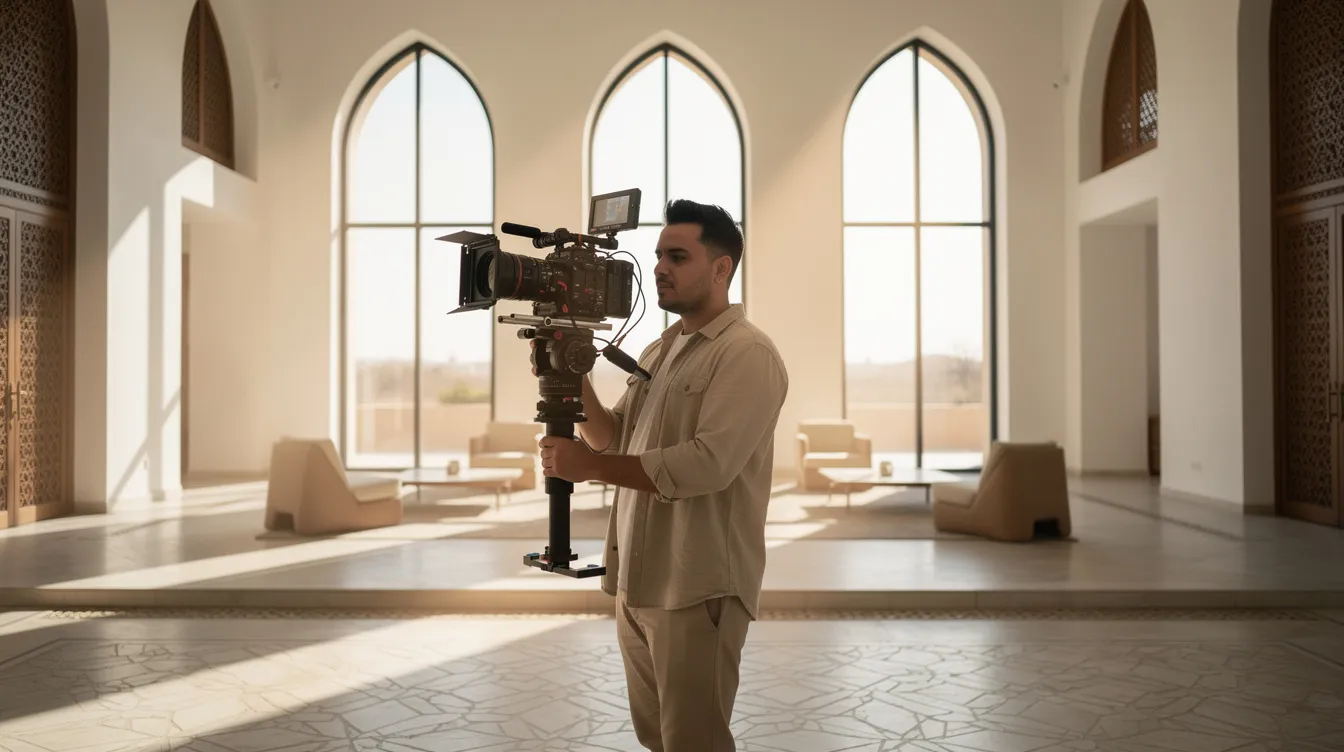 A professional videographer is capturing footage inside a modern Middle Eastern building, where natural light streams through large windows, illuminating the sleek architectural features. The scene highlights the blend of contemporary design and cultural elements, showcasing the building's unique character.