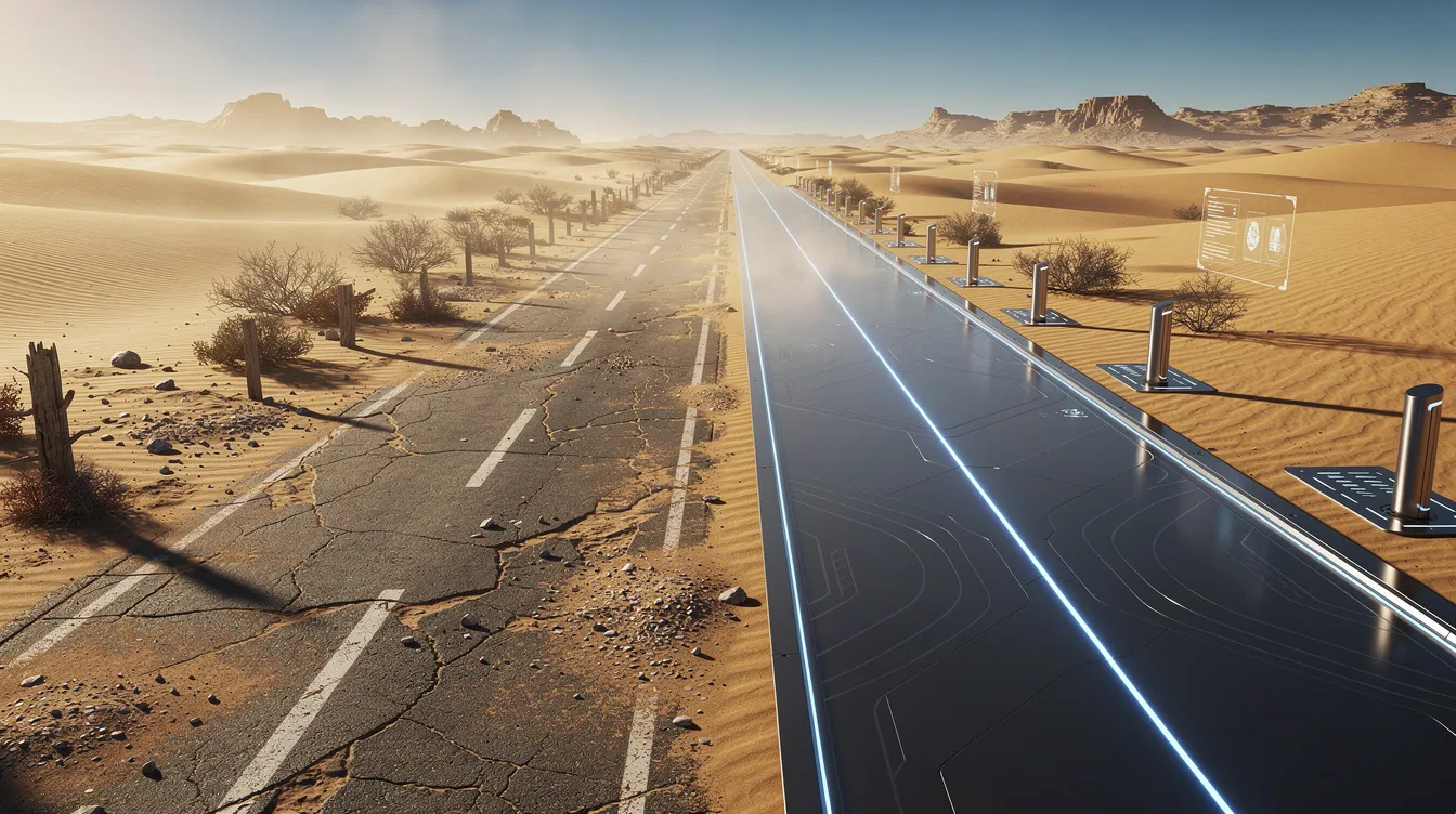 The image depicts two parallel roads diverging through a vast desert landscape, one representing traditional travel methods and the other showcasing a futuristic, AI-driven path. This contrast symbolizes the evolution of search engines, highlighting how brands can enhance their visibility in both traditional and AI search results.