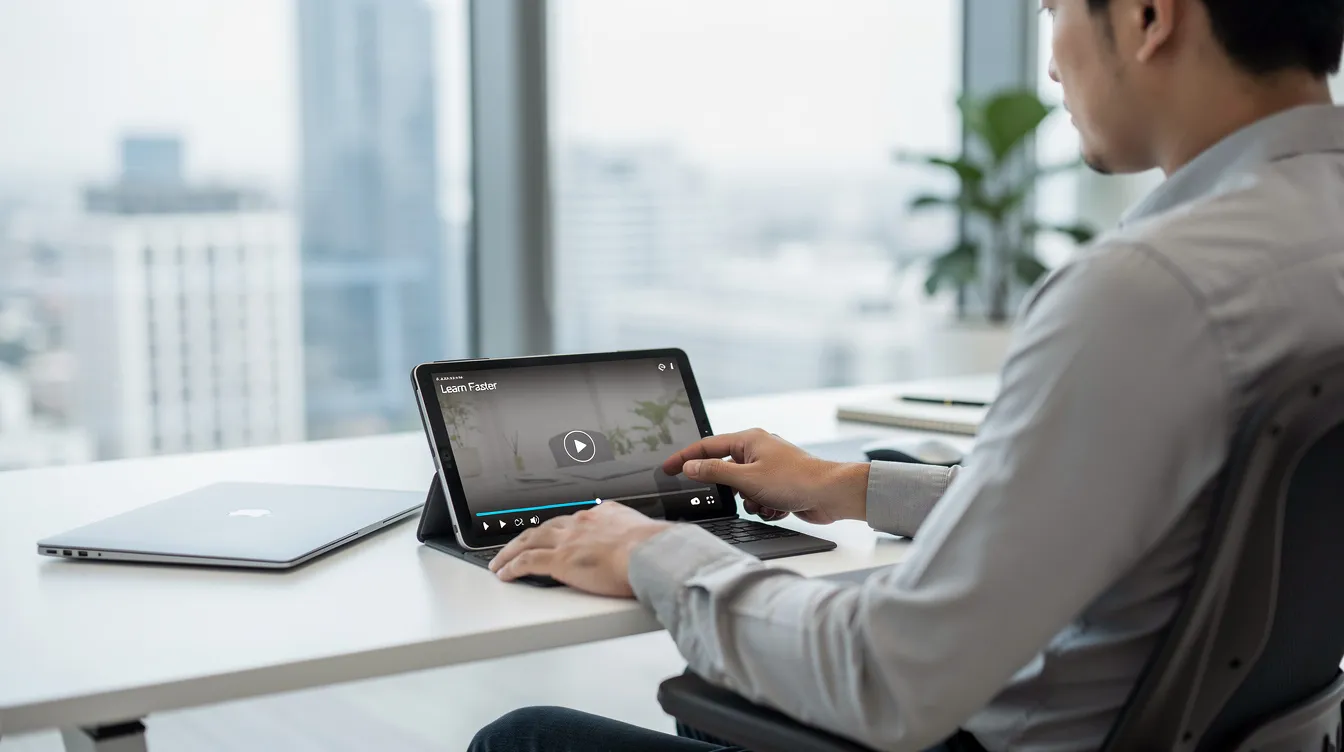 A person is seated in a modern office, attentively watching a short educational video on a tablet, which may provide insights into topics like search engine optimization and AI-driven search strategies. The contemporary workspace features sleek furniture and a well-organized desk, enhancing the learning experience in this digital age.