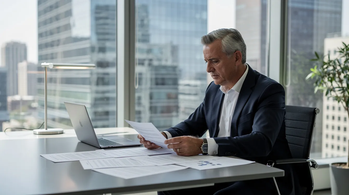 A senior executive is focused on reviewing documents and working on a laptop in a modern office, with a stunning city skyline visible through the expansive floor-to-ceiling windows. This setting reflects the importance of personal branding and thought leadership in achieving business growth and strategic visibility.