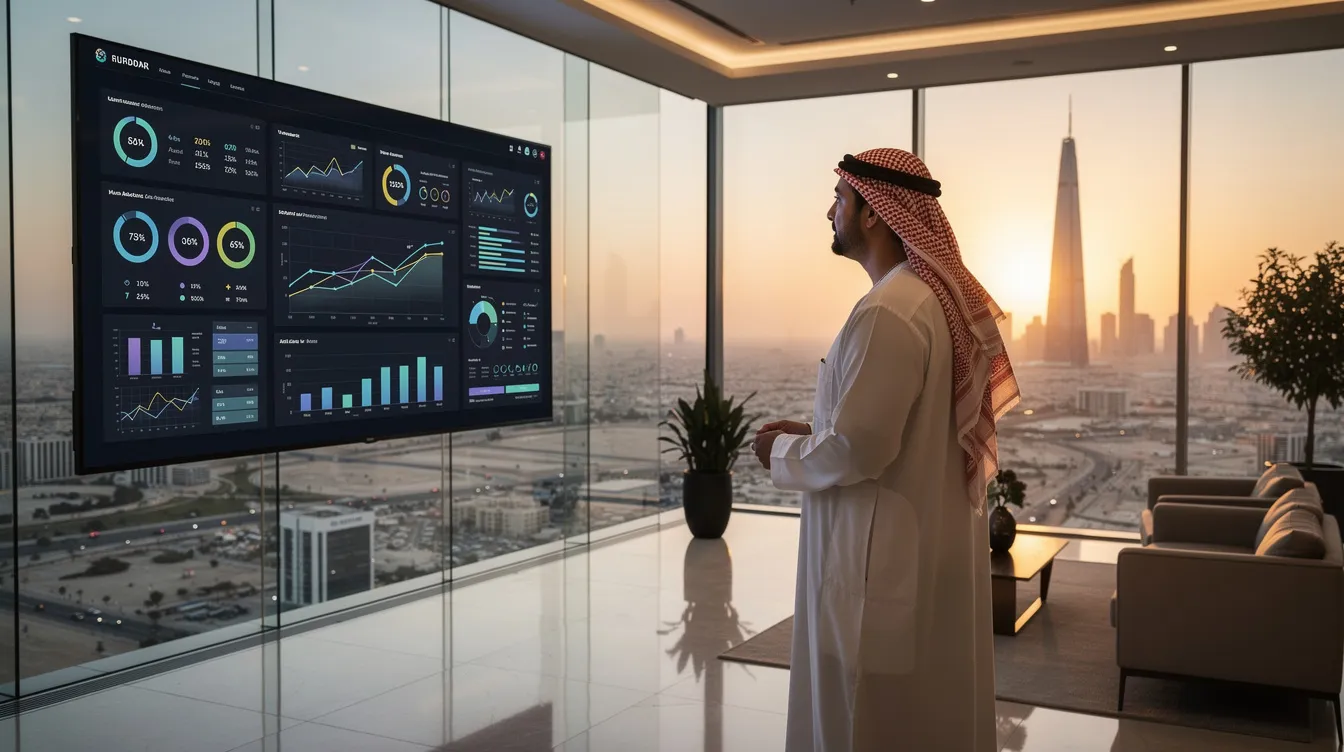 An executive is intently reviewing data displayed on a large screen in a sleek, modern office in Riyadh, showcasing insights that could enhance brand visibility and search optimization strategies. The environment reflects a focus on leveraging AI-driven search engines and analytics for actionable insights in a competitive landscape.
